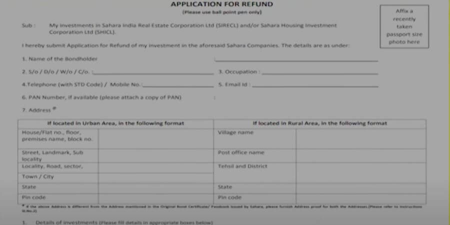 Sahara Refund Portal Online Application